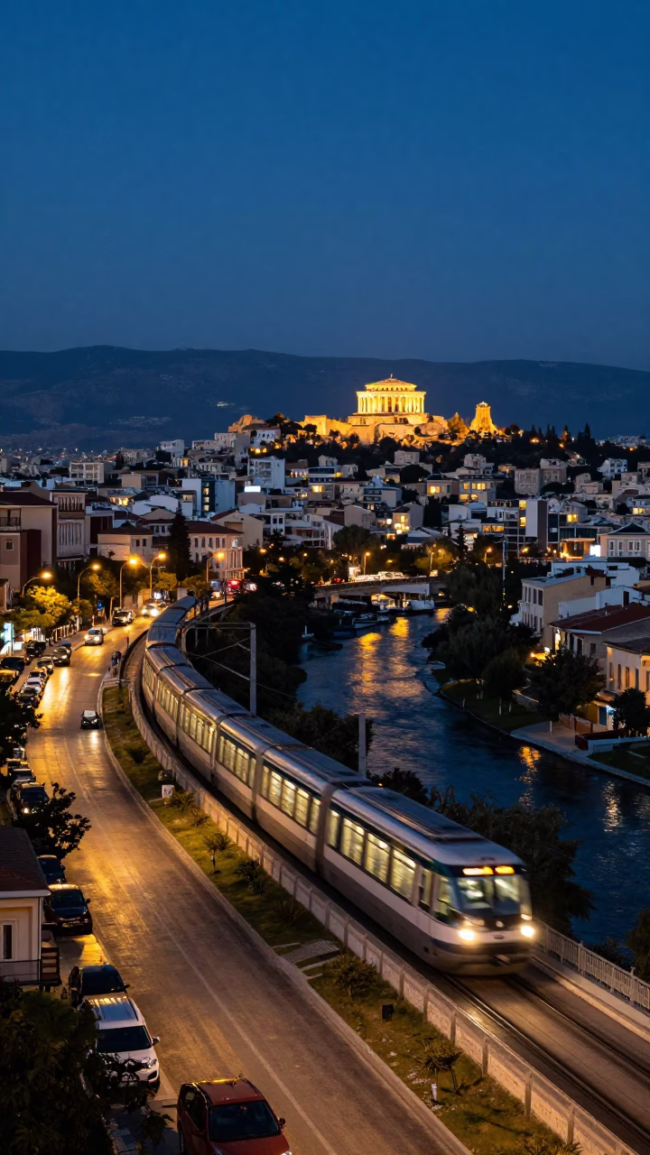 Athens Greece Street Scene at Blue Hour with Monorail and City Lights in in Athens, Greece