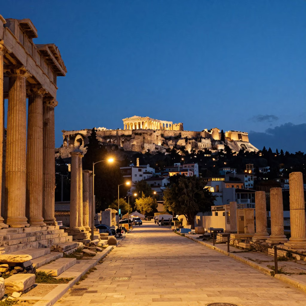 Athens Greece Street Scene at Dusk with Ancient Ruins and Evening Lights in in Athens, Greece