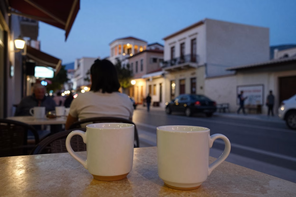 Athens Greece Street Scene at Dusk with Ceramic Mugs on Cafe Table in in Athens, Greece