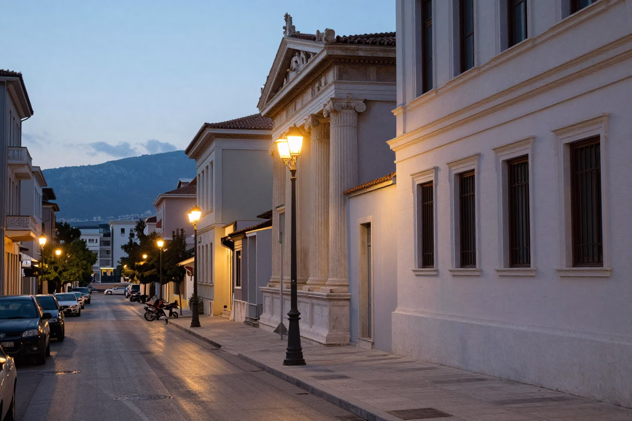 Athens Greece Street Scene at Dusk with Neoclassical Architecture and Electric Lights in in Athens, Greece