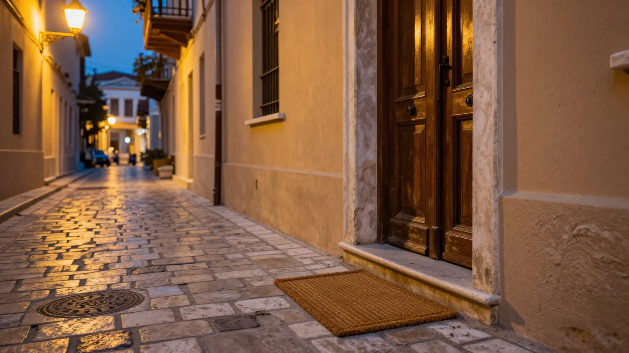 Athens Greece Street Scene at Dusk with Traditional Doormat and Magnolia Tree Blooms in in Athens, Greece