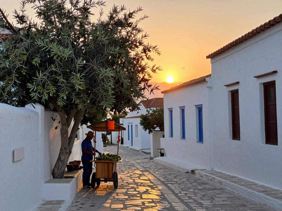 Athens Greece Street Scene at Sunset with Olives and Local Life in in Athens, Greece
