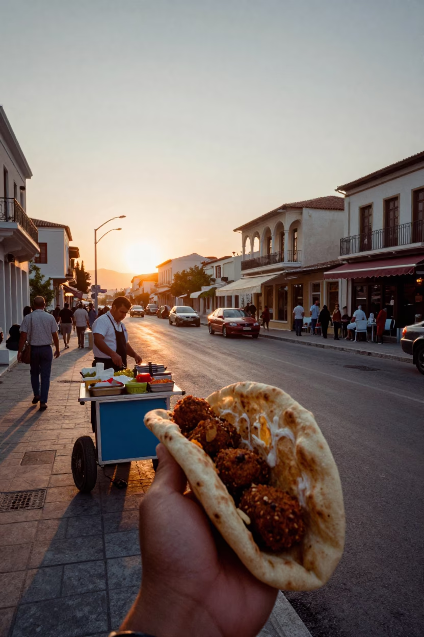 Athens Greece Street Scene at Sunset with Traditional Falafel Pita and Tahini in in Athens, Greece