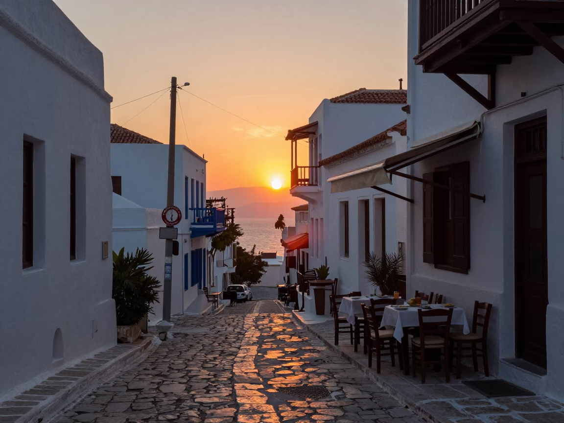 Athens Greece Street Scene at Sunset with Traditional Food and Local Architecture in in Athens, Greece