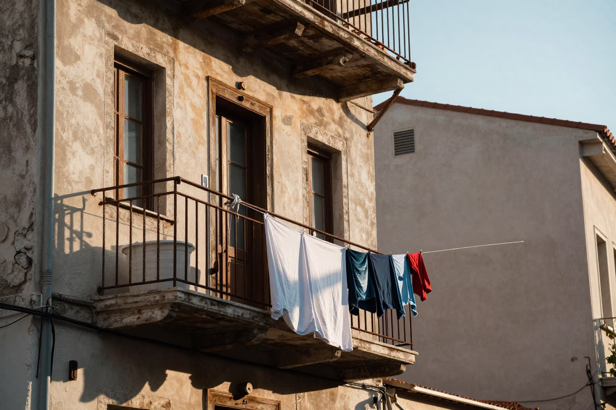 Athens Greece Street Scene Just After Sunrise with Laundry and Scarf in in Athens, Greece