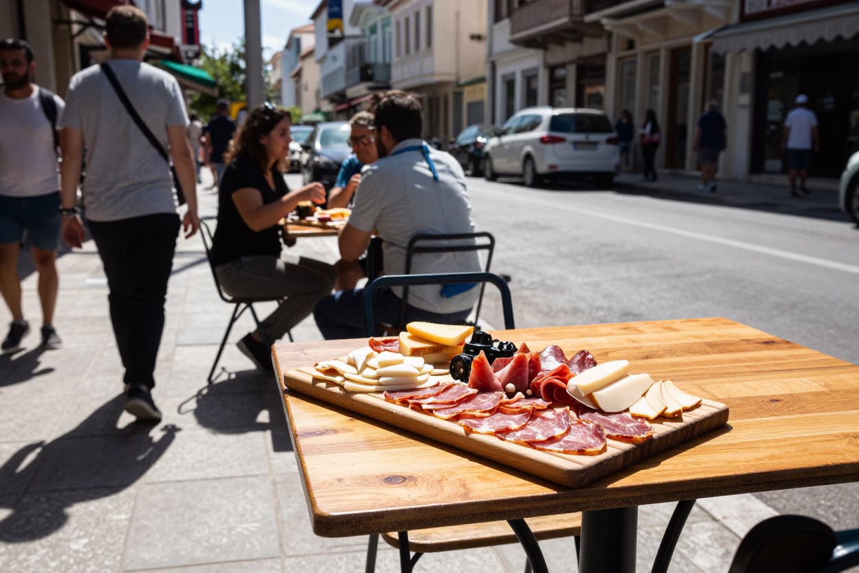 Athens Greece Street Scene Midmorning Light with Charcuterie Board and Appenzeller Sennenhund in in Athens, Greece