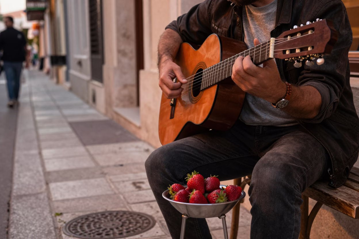 Athens Greece street scene with guitar and strawberries in copper dusk light in in Athens, Greece