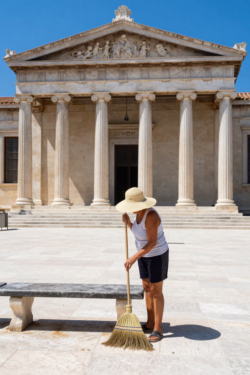 Athens Greece Sun Hat and Broom Near Neoclassical Building in Bright Midmorning Light in in Athens, Greece