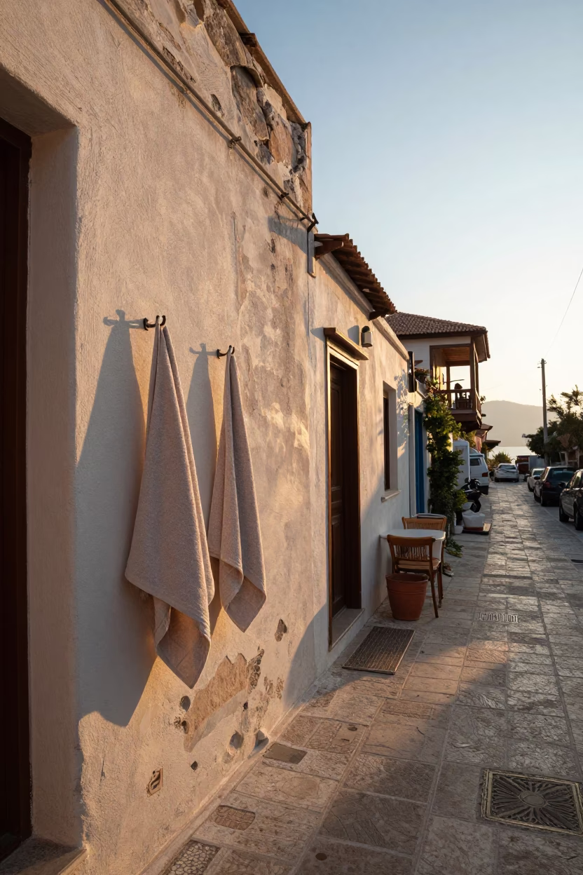 Athens Greece Sunrise Street Scene with Vintage Towel Hook and Boot Scraper in in Athens, Greece