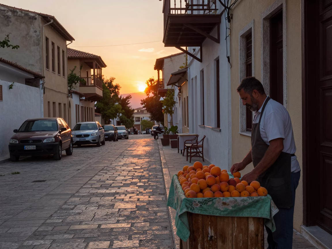 Athens Greece Sunset Street Scene with Apricots and Traditional Cafe Culture in in Athens, Greece
