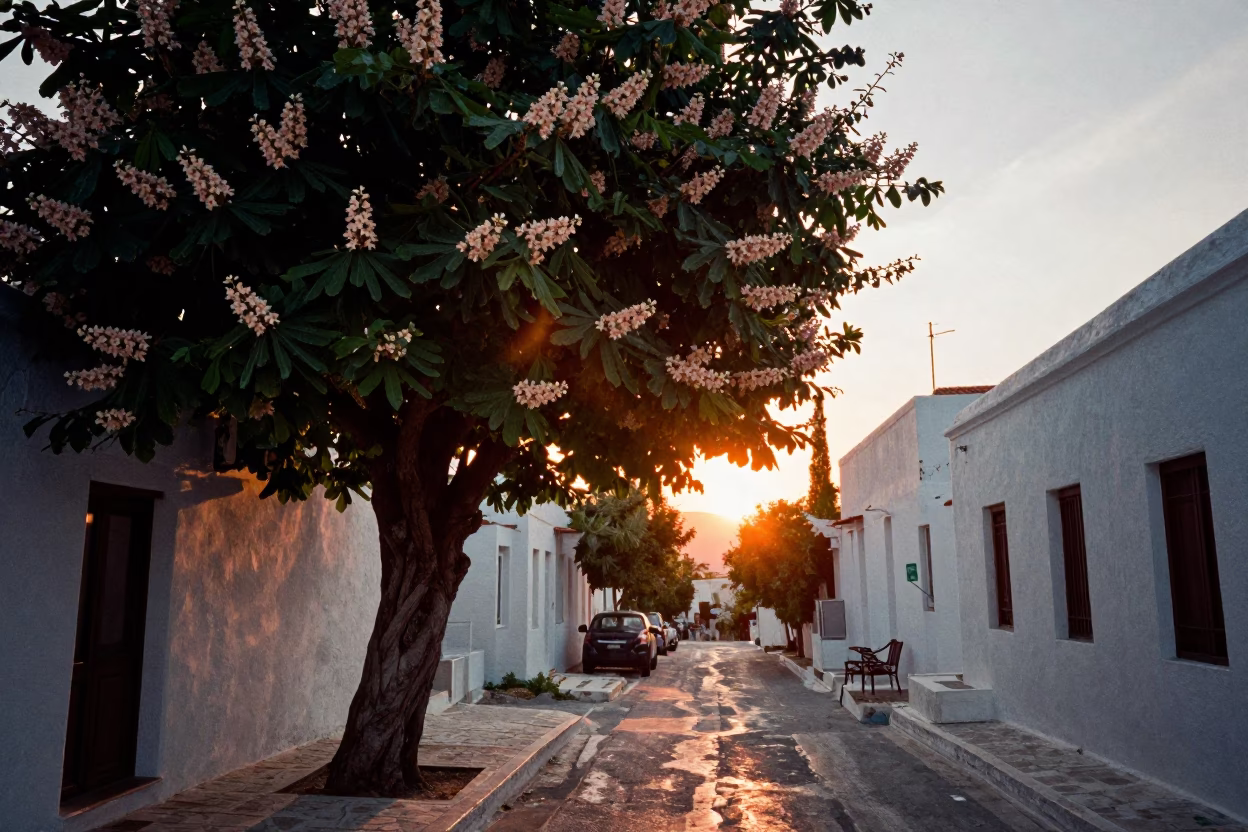Athens Greece sunset street scene with chestnut tree and smudged hinge detail in in Athens, Greece