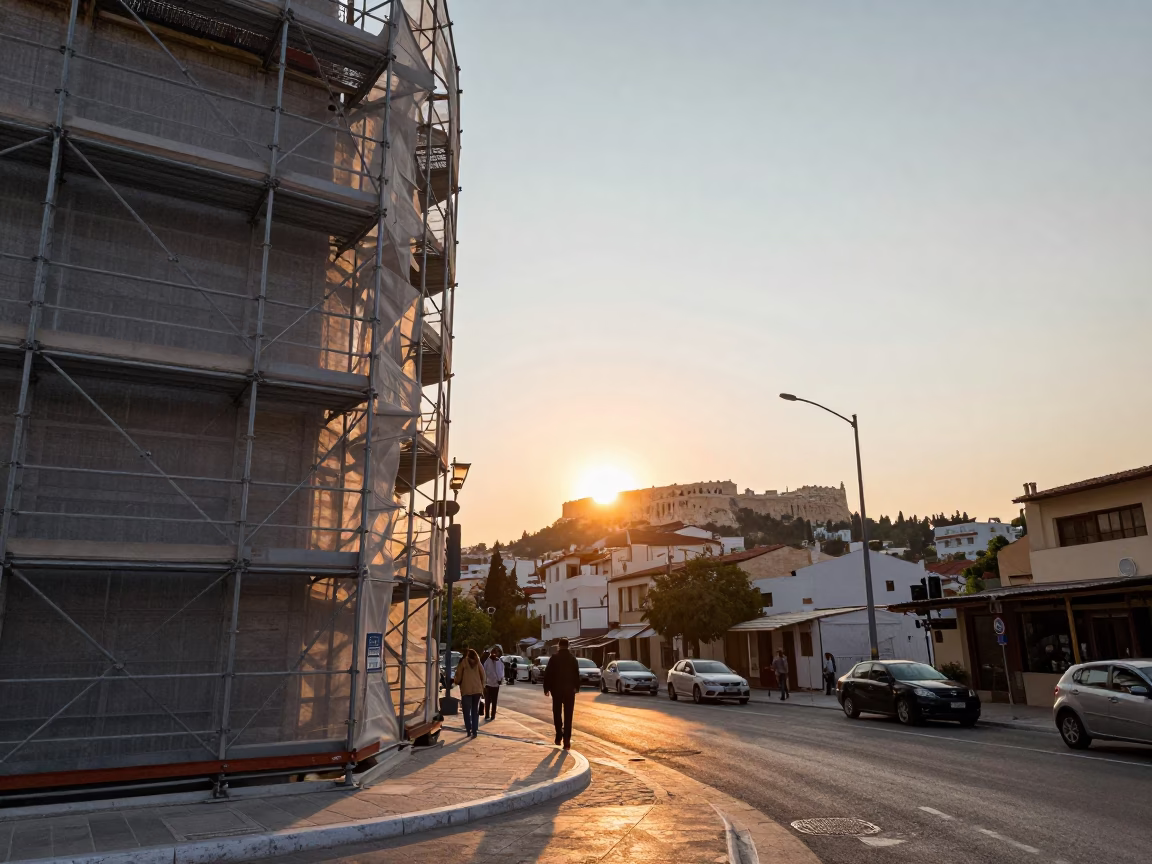 Athens Greece Sunset Street Scene with Construction Scaffolding and Local Traffic in in Athens, Greece
