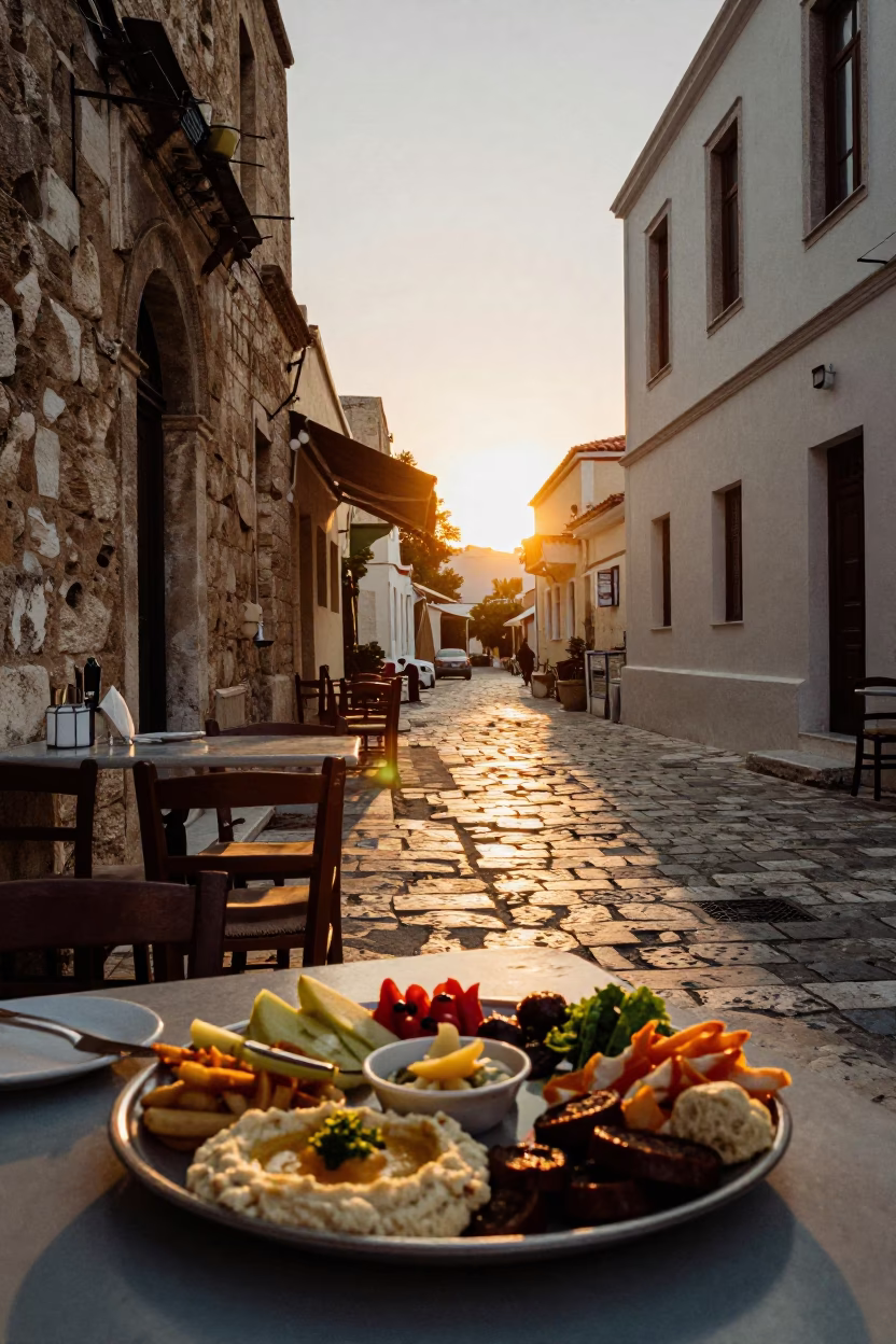 Athens Greece Sunset Street Scene with Mezze Platter and Historic Stone Architecture in in Athens, Greece