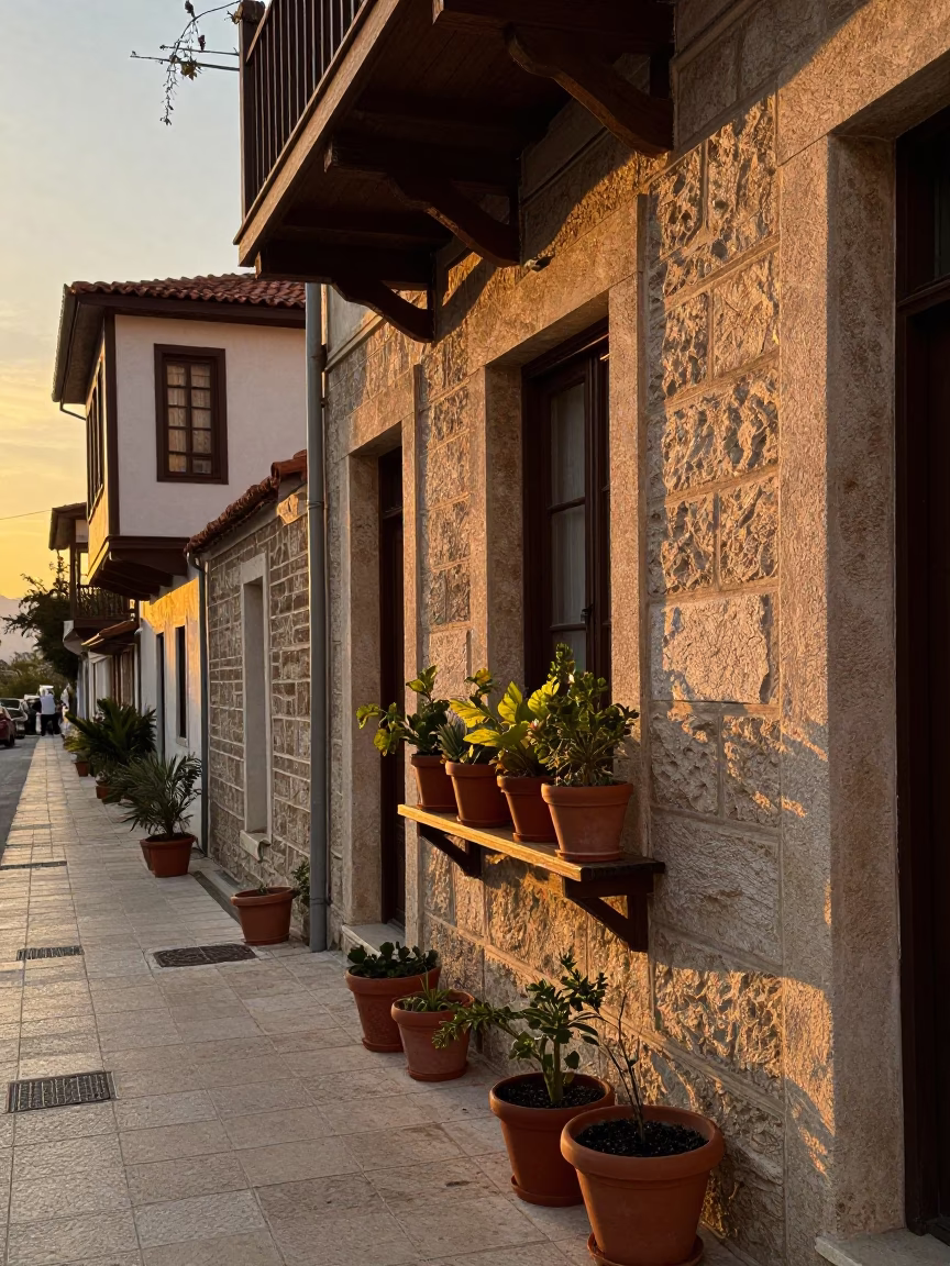 Athens Greece Sunset Street Scene with Potted Plants and Historic Stone Architecture at Dusk in in Athens, Greece