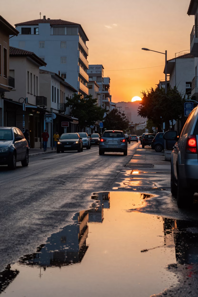 Athens Greece Sunset Street Scene with Puddle Reflections of Hotel Windows and Tail Lights in in Athens, Greece
