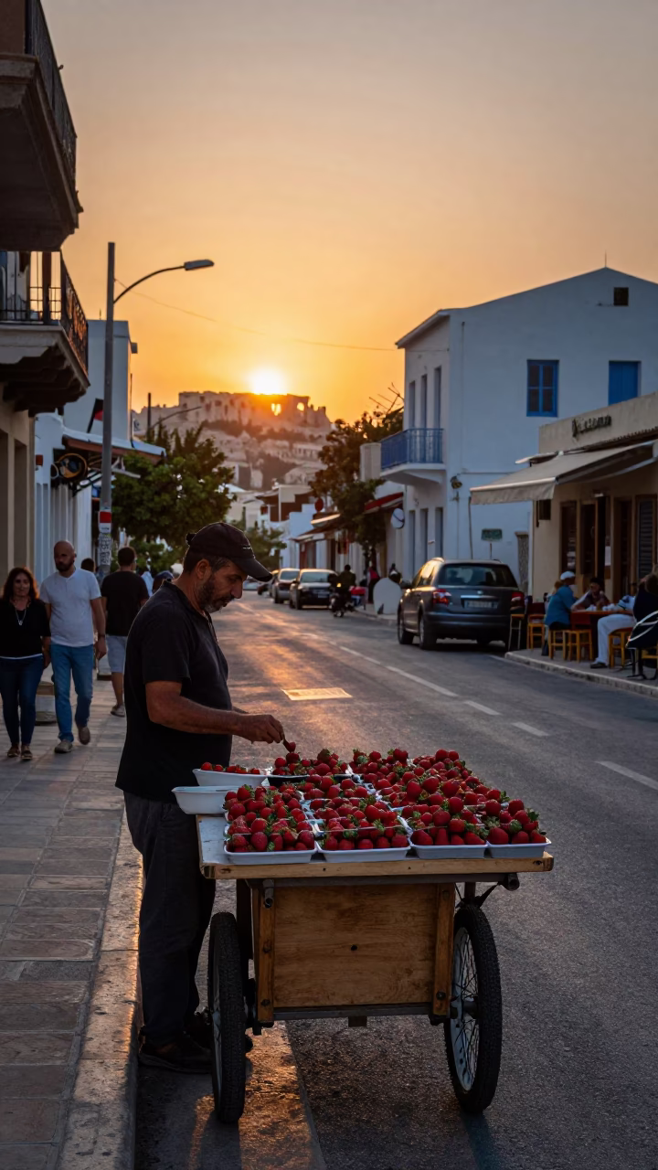 Athens Greece Sunset Street Scene with Strawberries and Local Life in in Athens, Greece