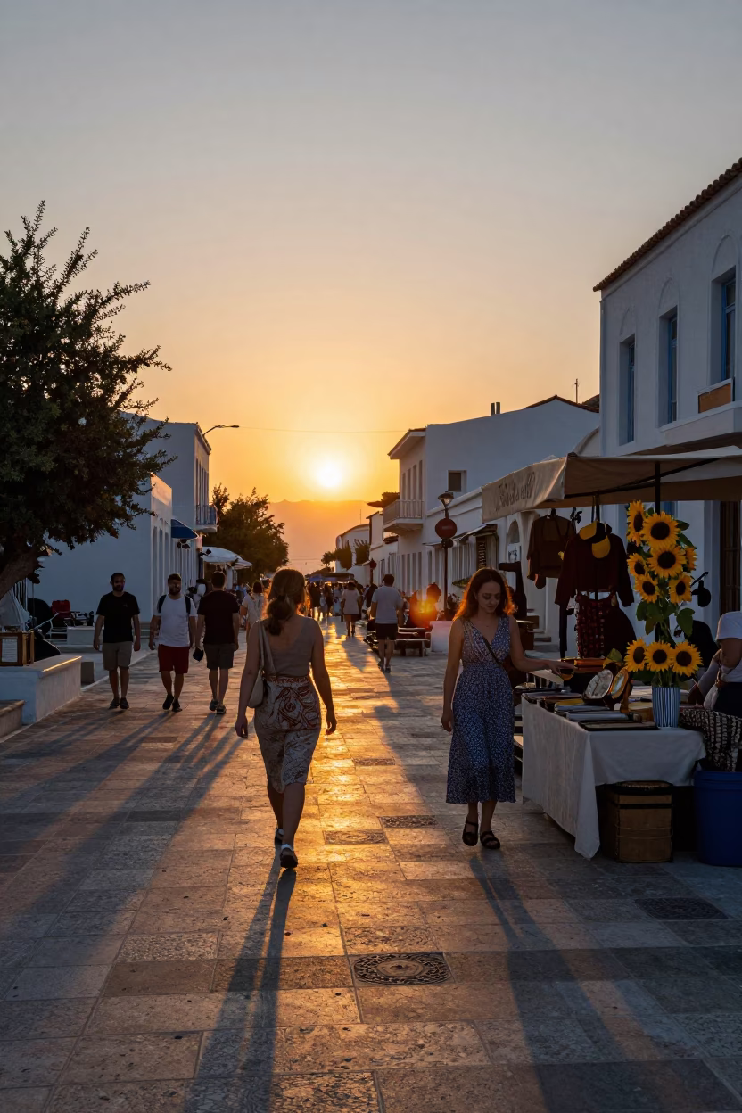 Athens Greece Sunset Street Scene with Sunflowers and Vintage Fashion in in Athens, Greece