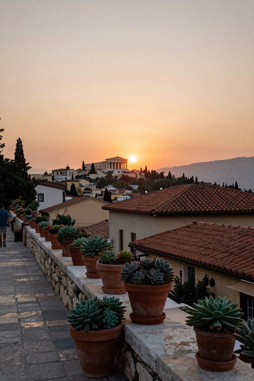 Athens Greece Sunset Street Scene with Terracotta Succulents and Historic Architecture in in Athens, Greece