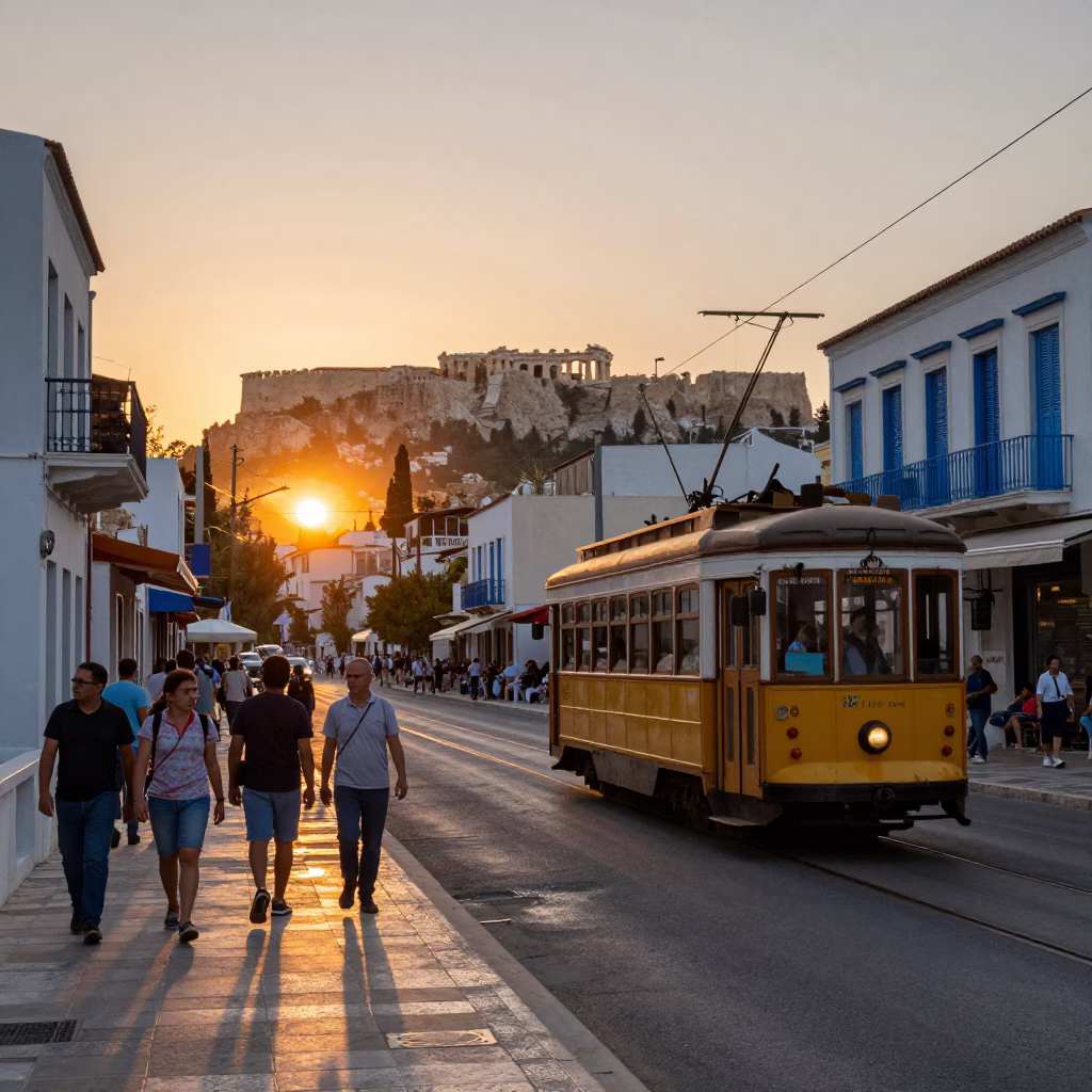 Athens Greece Sunset Street Scene with Tram and Local Life in in Athens, Greece