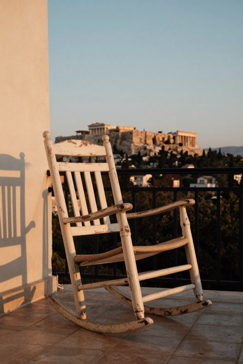 Athens Greece Sunset Street Scene with Vintage Rocking Chair on Balcony in in Athens, Greece