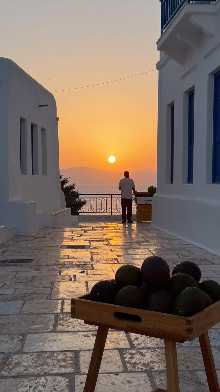 Athens Greece Sunset Street Scene with Wooden Tray and Avocados in in Athens, Greece