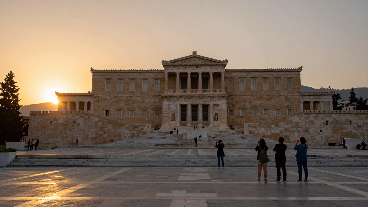 Athens Greece Sunset View of Syntagma Square with Acropolis and Tourists in in Athens, Greece