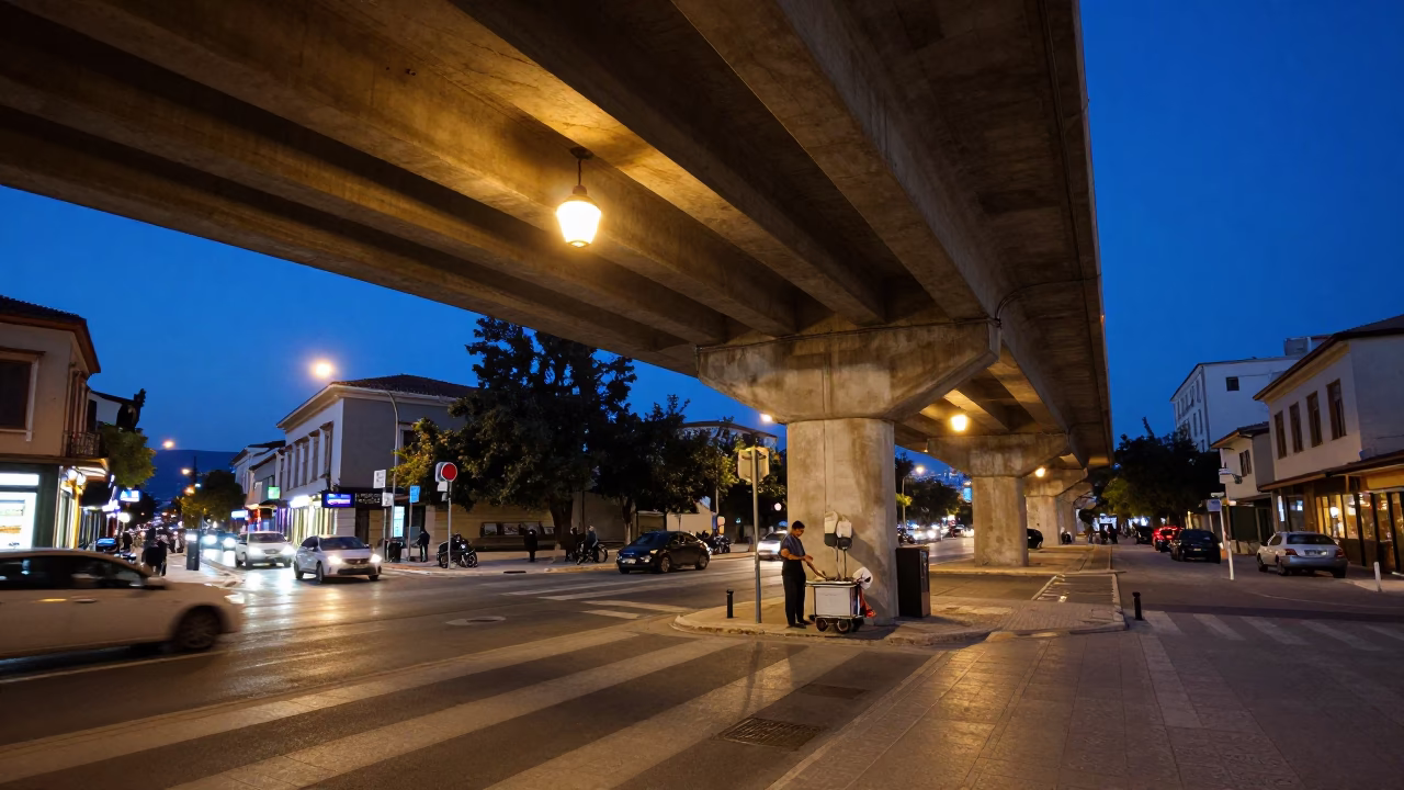 Athens Greece Twilight Street Scene Under Flyover with Lantern and Clay Teapot in in Athens, Greece
