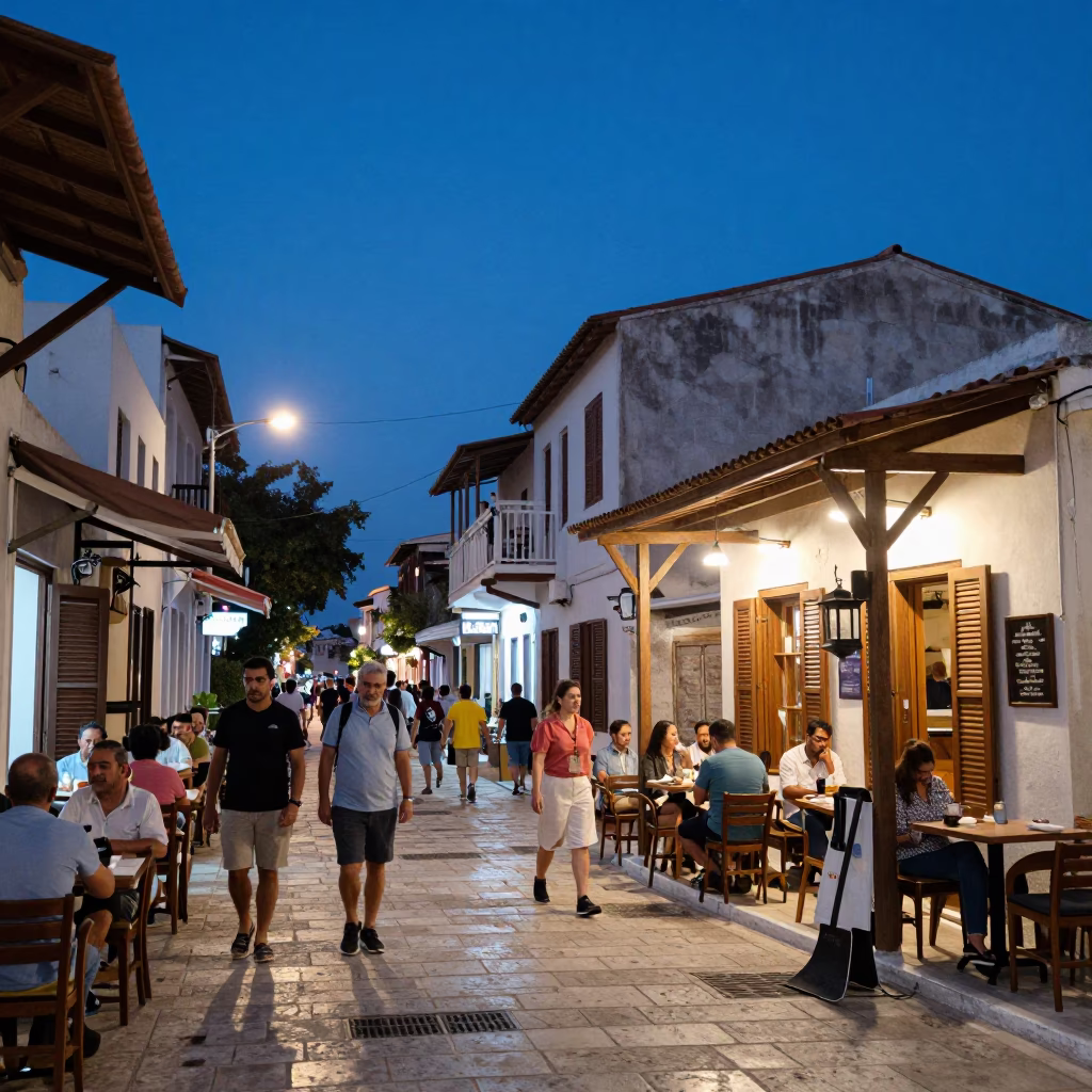Athens Greece twilight street scene with locals and urban details in in Athens, Greece