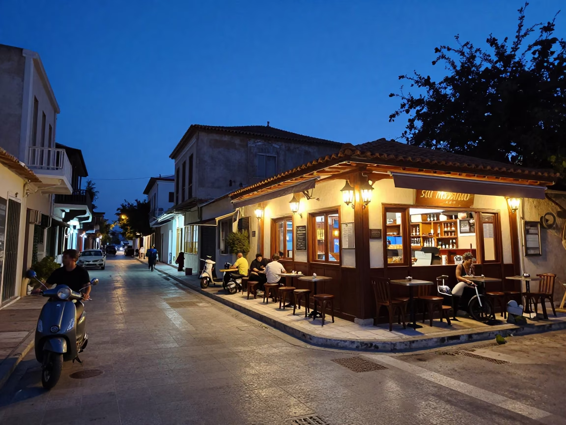 Athens Greece Twilight Street Scene with Scooter and Cafe Bar Stools in in Athens, Greece