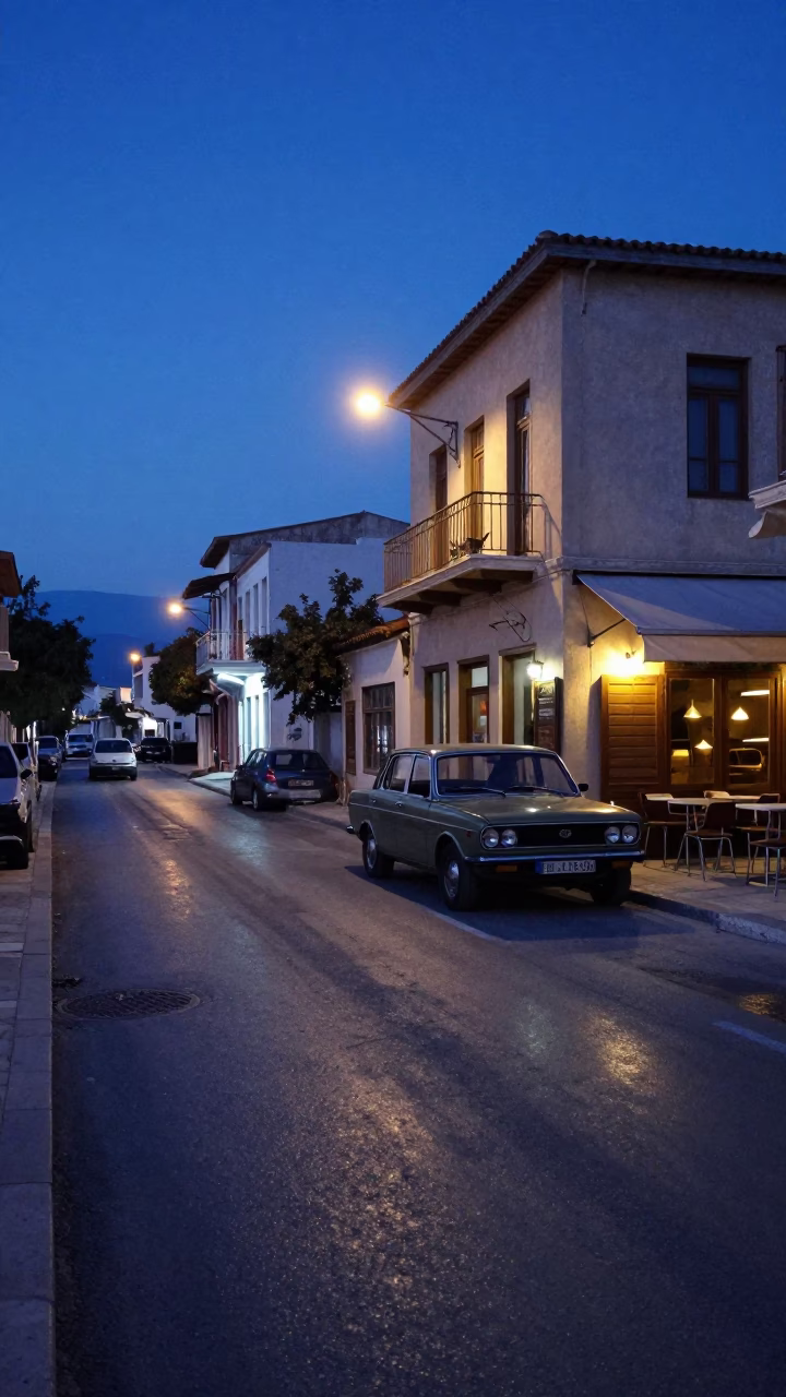 Athens Greece Twilight Street Scene with Vintage Car and Café Table in in Athens, Greece
