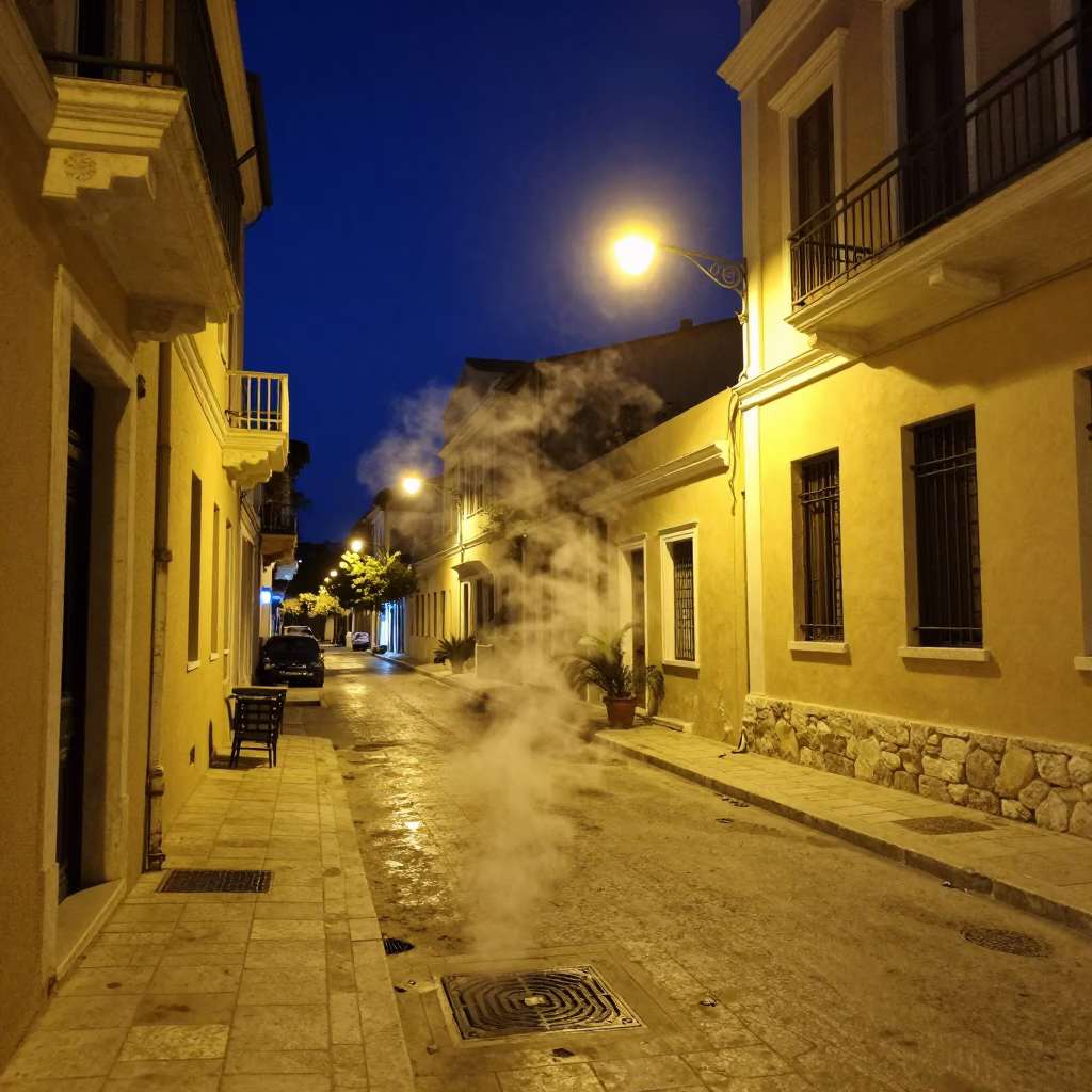 Athens Night Street Scene with Steam and Urban Architecture in in Athens, Greece