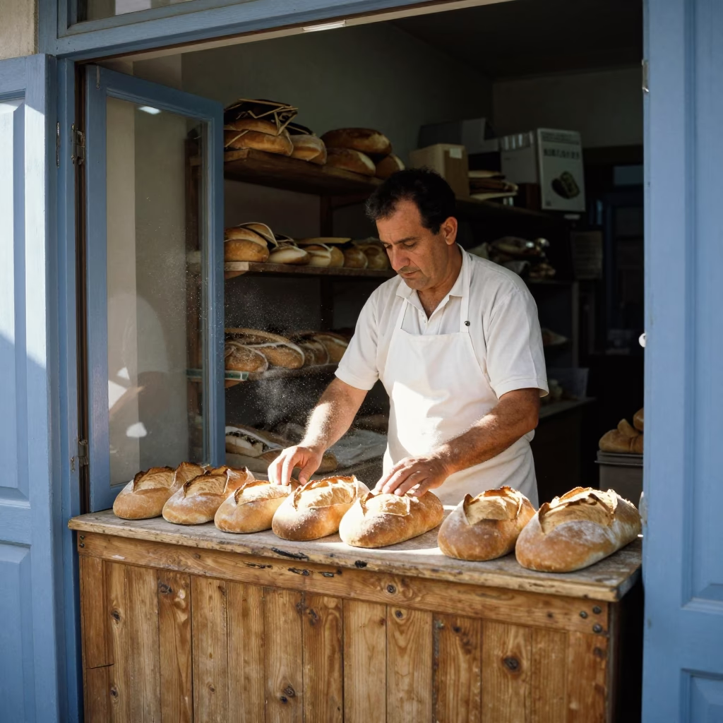 Athens Shopkeeper Arranging Bread Loaves on Wooden Counter Afternoon in in Athens, Greece