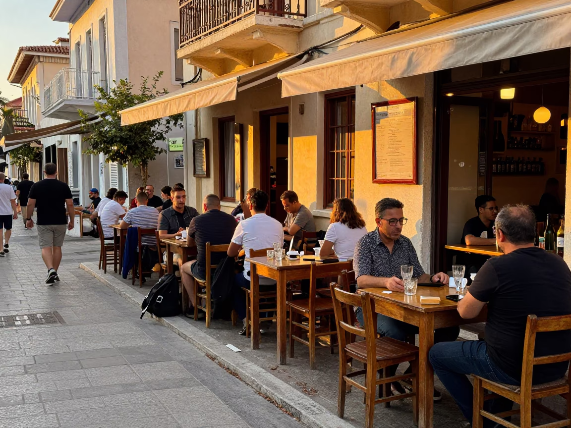 Athens Street Corner at Honeyed Evening Light in in Athens, Greece