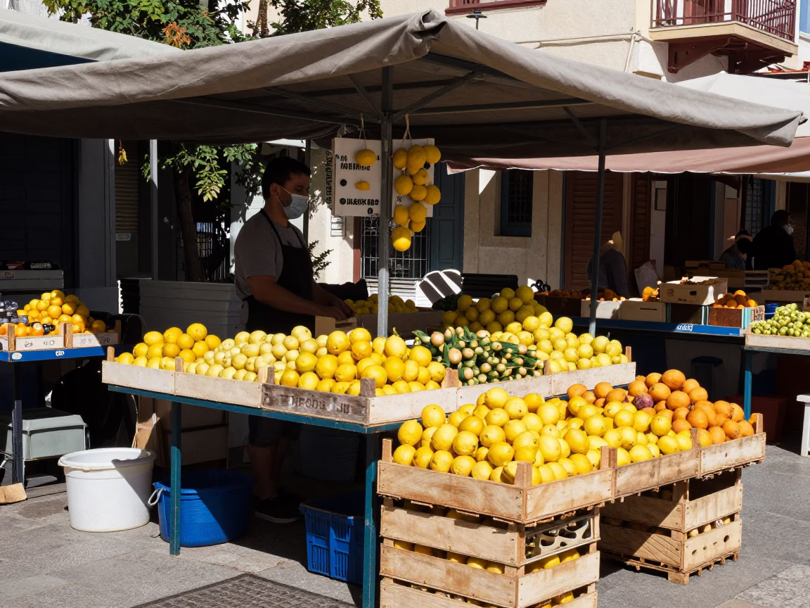 Athens Street Market Stall Under Flat Noon Sunlight with Fresh Produce in in Athens, Greece