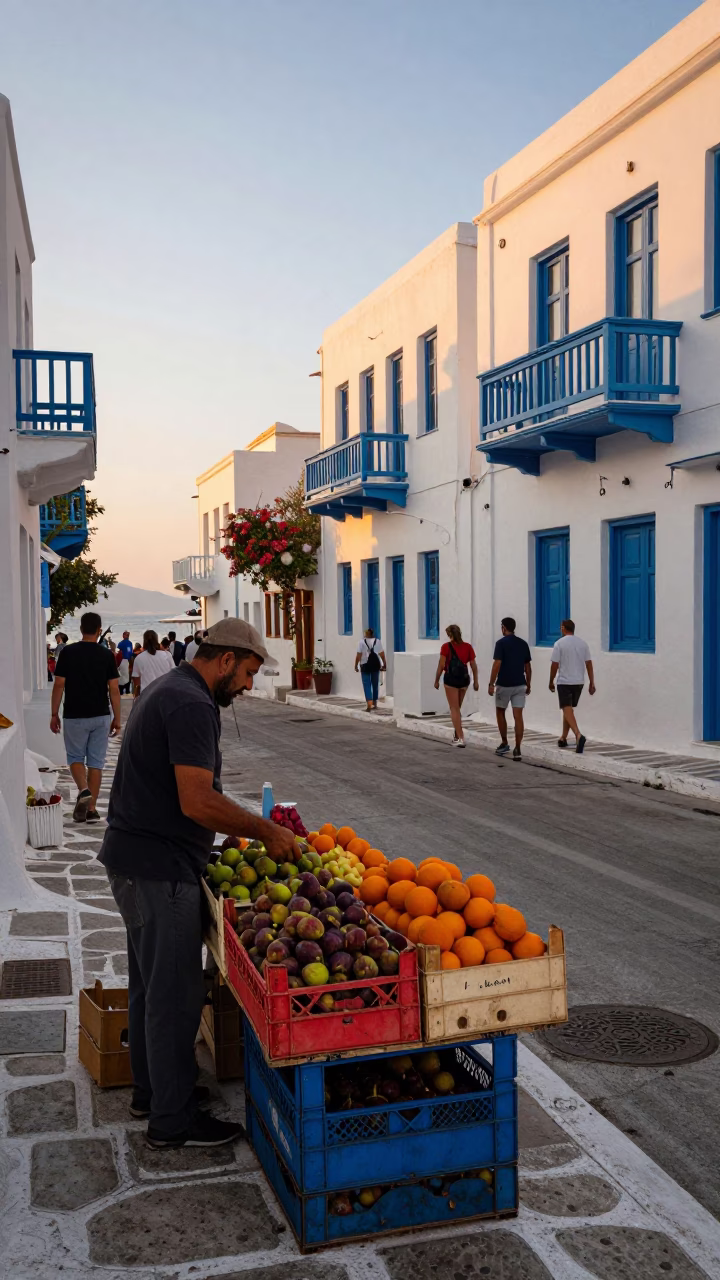 Athens Sunset Street Scene with Fruit Crate and Lively Market Atmosphere in in Athens, Greece