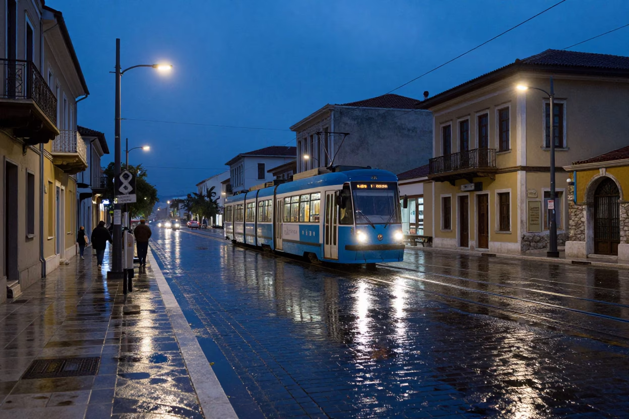 Athens Tram Reflection at Blue Hour in in Athens, Greece