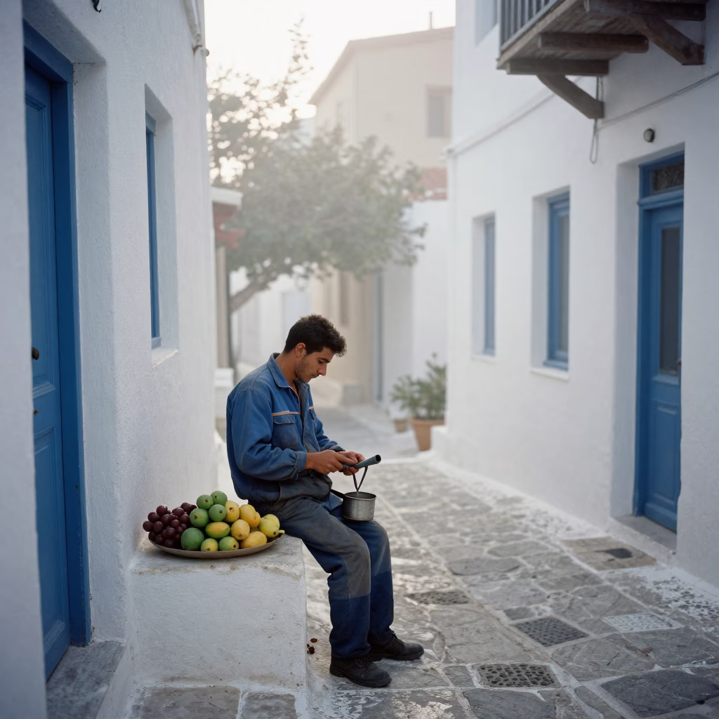 Athens Worker at Dawn Light in in Athens, Greece