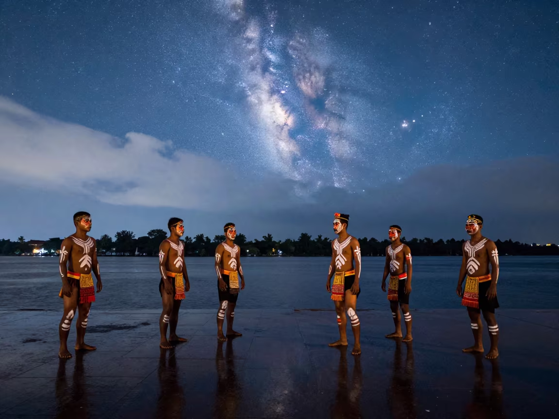Ati-Atihan Dancers Under Daytime Milky Way in at a waterfront celebration in Phnom Penh