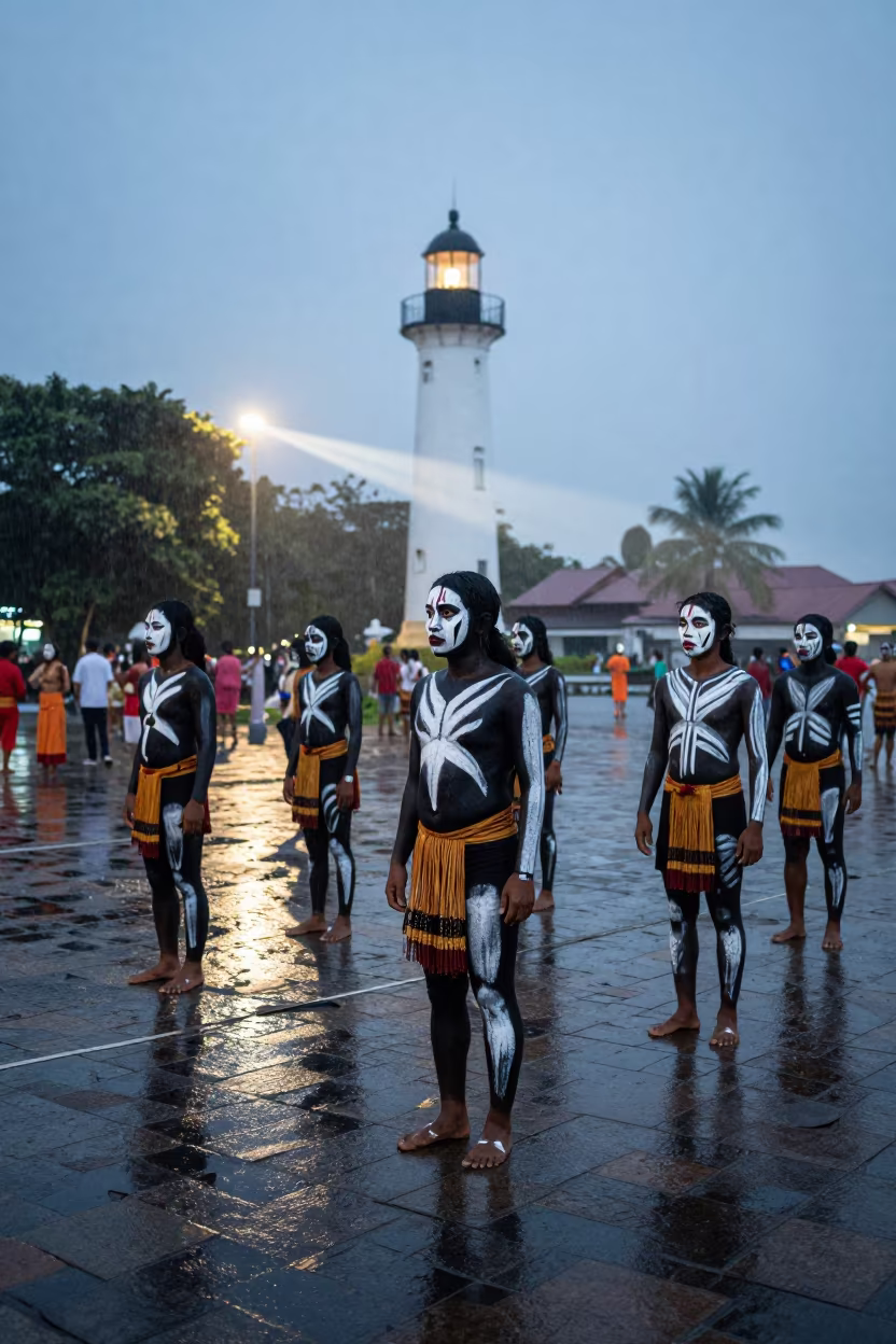 Ati-Atihan Dancers Under Lighthouse Light in at a public square during a festival in Erode