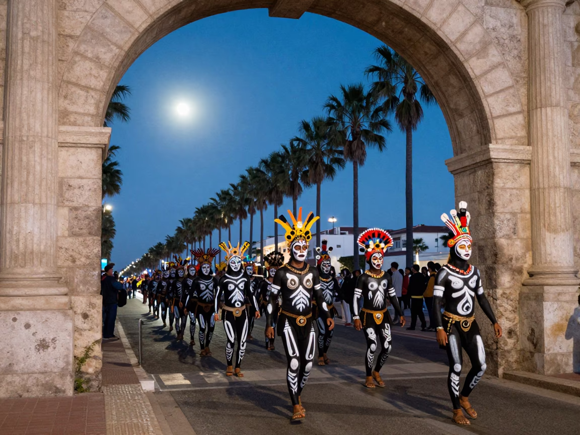 Ati-Atihan Parade Before Dawn in Cannes in at a festival street procession in Cannes