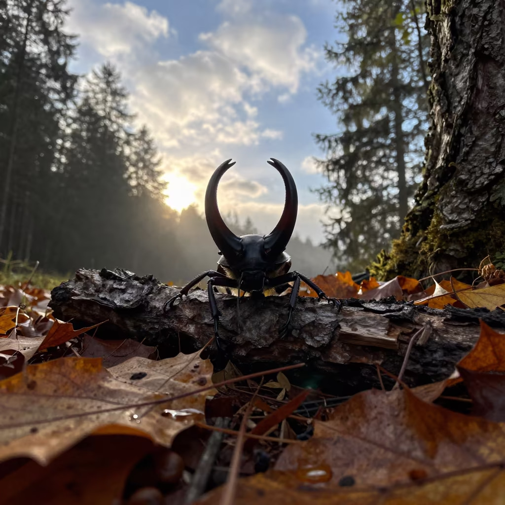 Atlas Beetle on Austrian Tree at Dawn in in Austria