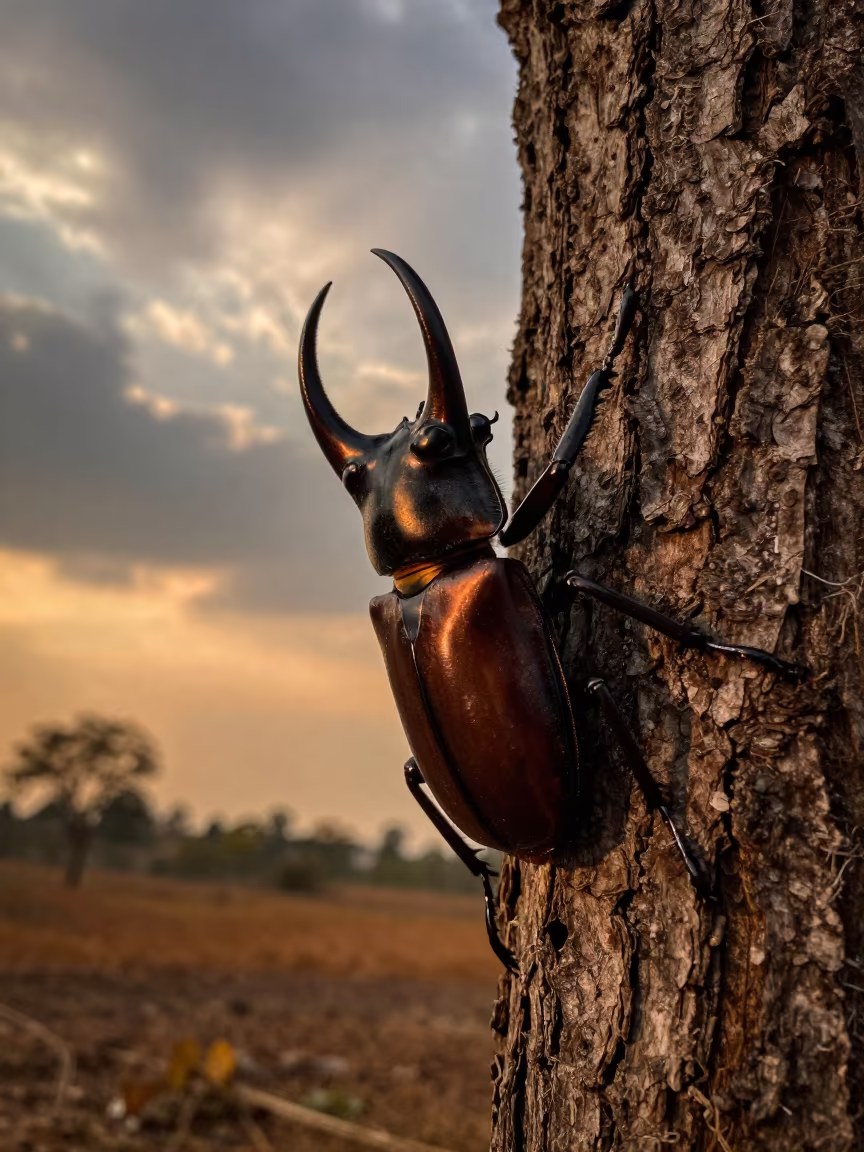 Atlas Beetle on Tree Trunk in Autumn Sunset in near Imphal