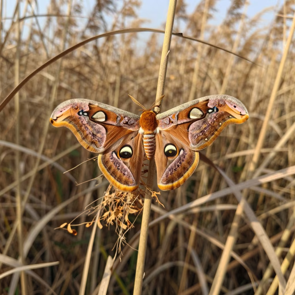 Atlas Moth Eyespots Reed Bed Haryana Afternoon in at the edge of a reed bed in Haryana