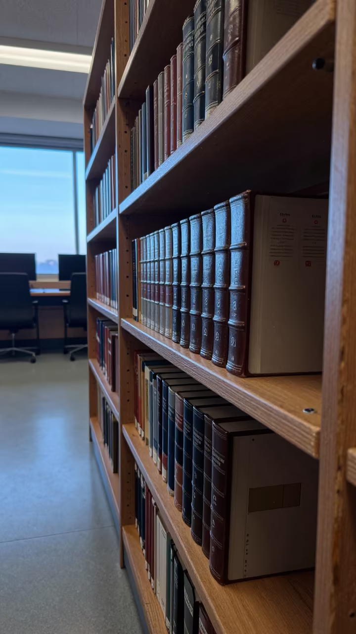 Atlas Shelf in School Library Morning Light in in a computer lab before lessons in Milwaukee