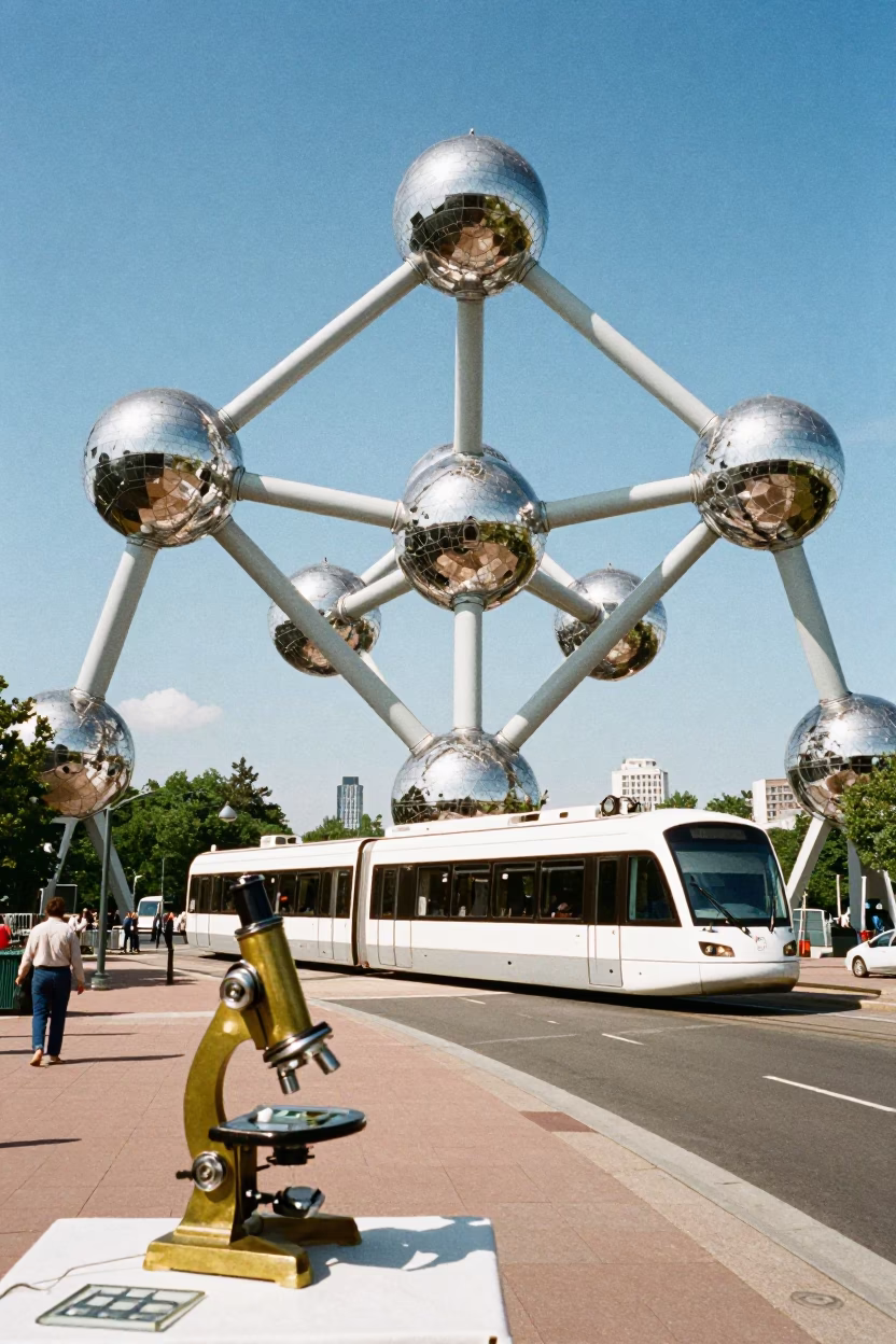 Atomium Monorail in Brussels at The Flat Glare Of Noon Light in in Brussels, Belgium