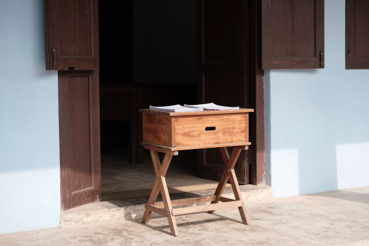 Attendance Box on Table Outside Luang Prabang Hall in in a lecture hall before the crowd arrives near Luang Prabang