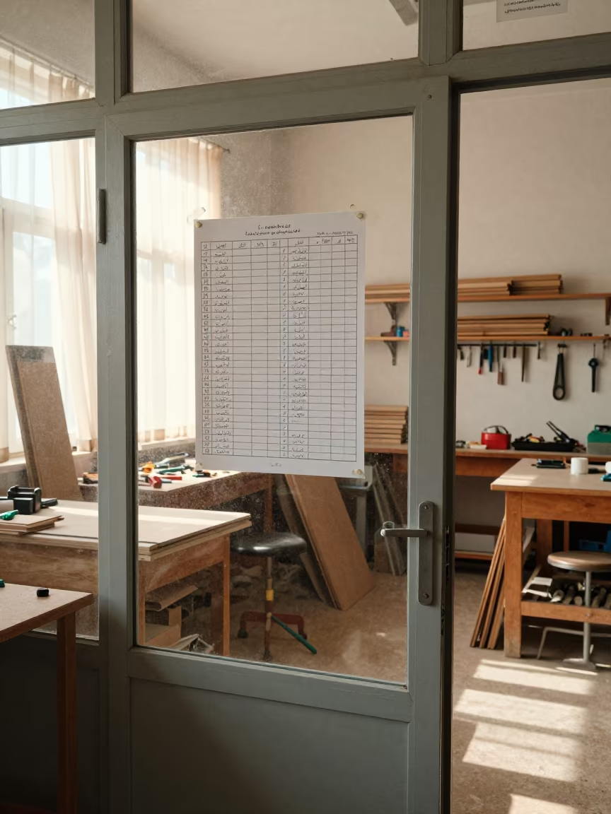 Attendance Sheet in Latakia Woodshop Class in in a woodshop classroom in Latakia