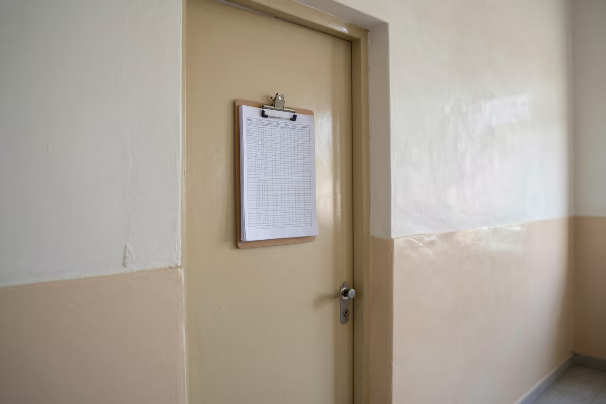 Attendance Sheet Taped to Clipboard Outside Classroom Door in inside a quiet classroom near Mansoura