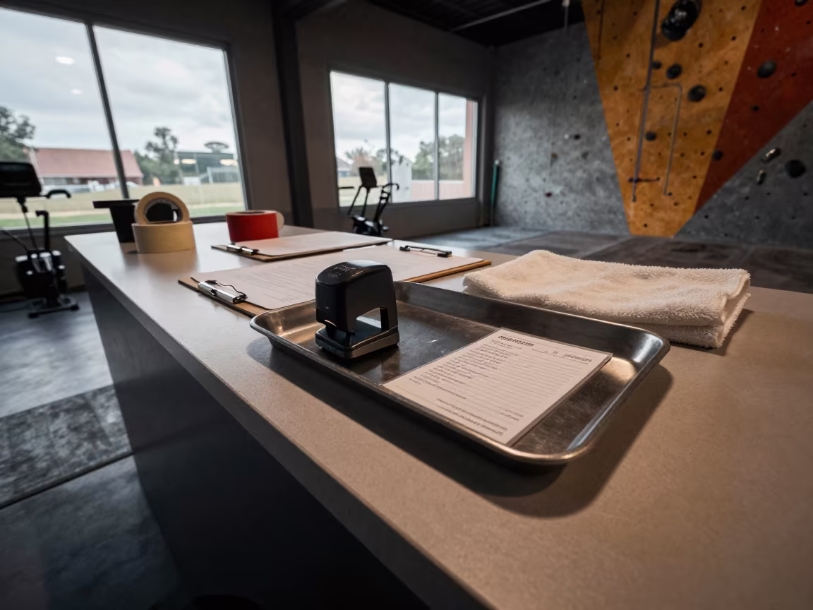 Attendance Stamp Tray in Dodoma Climbing Gym in inside a climbing gym warmup zone in Dodoma