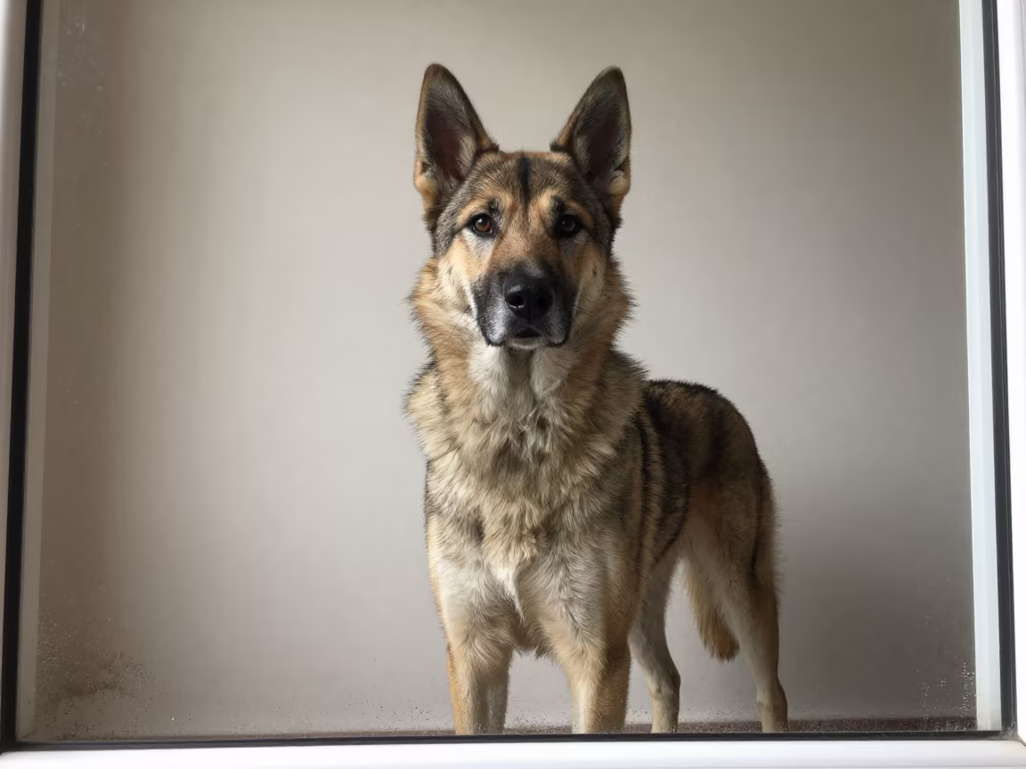 Attentive Kelpie Portrait Near El Alto Wall in beside a plain plaster wall in soft indoor light with the animal centered in frame near El Alto, La Paz